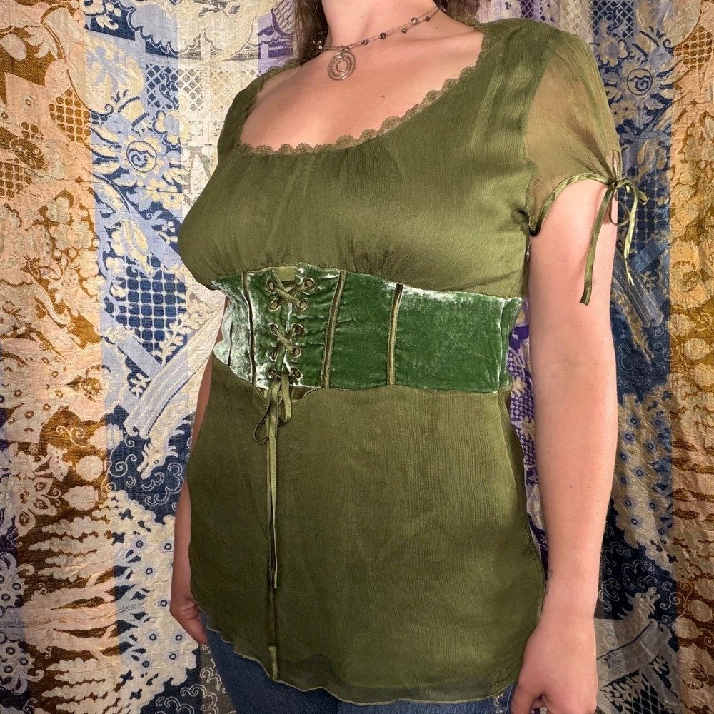 Silk Green Velvet Lace Up Corset Renfair Goth Fairy Babydoll Blouse Size XL